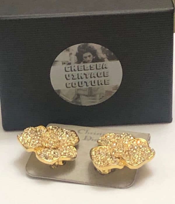 CHRISTIAN DIOR  Vintage Flower Gold Crystals Runway Clip On Earrings 1980s - Image 3