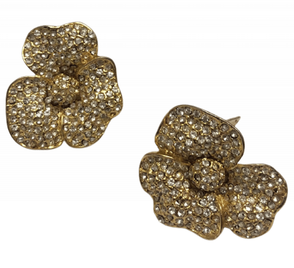 CHRISTIAN DIOR  Vintage Flower Gold Crystals Runway Clip On Earrings 1980s