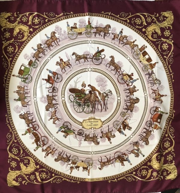 hermÈs vintage silk scarf la promenade de longchamps by philippe ledoux c. 1980 w/box