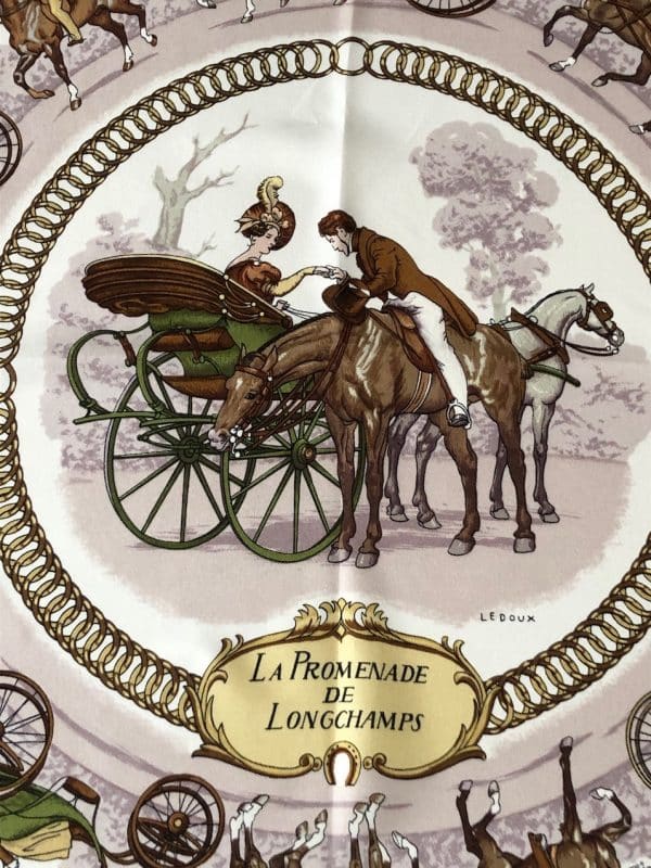 hermÈs vintage silk scarf la promenade de longchamps by philippe ledoux c. 1980 w/box