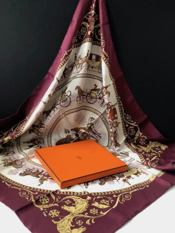 hermÈs vintage silk scarf la promenade de longchamps by philippe ledoux c. 1980 w/box