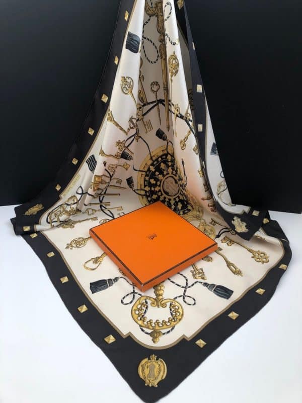 hermÈs vintage silk scarf les clefs by cathy latham black gold w/box