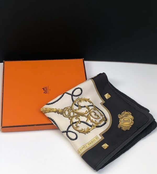 hermÈs vintage silk scarf les clefs by cathy latham black gold w/box