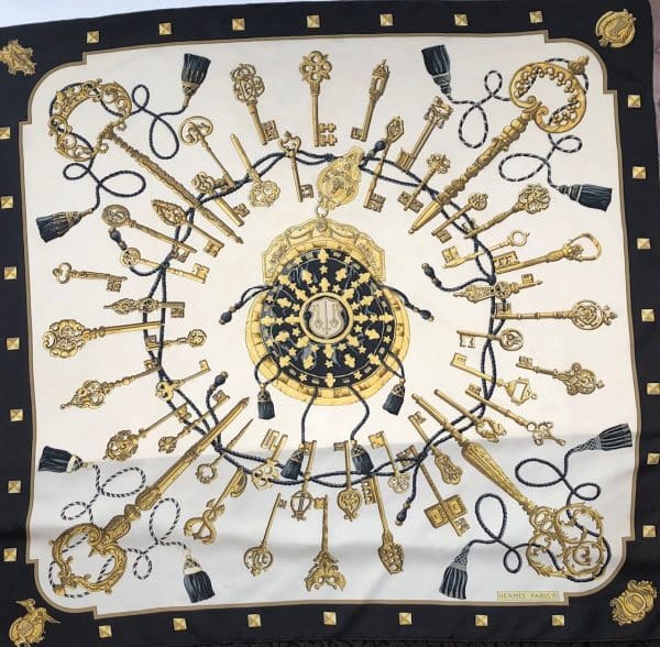 hermÈs vintage silk scarf les clefs by cathy latham black gold w/box