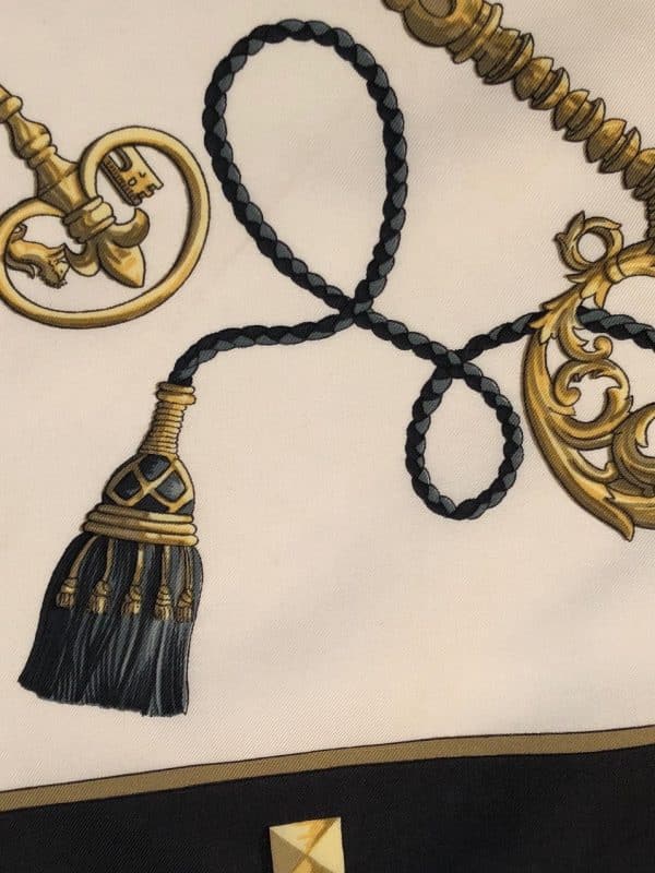 hermÈs vintage silk scarf les clefs by cathy latham black gold w/box