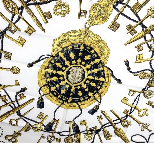 hermÈs vintage silk scarf les clefs by cathy latham black gold w/box