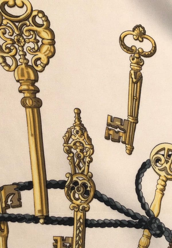 hermÈs vintage silk scarf les clefs by cathy latham black gold w/box