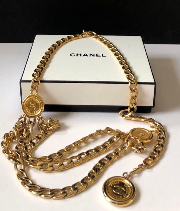 chanel vintage belt triple strand chain link medallion coin rue cambon belt c.1990s w/box