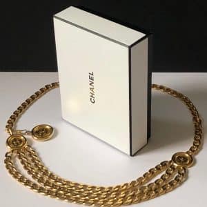 chanel vintage belt triple strand chain link medallion coin rue cambon belt c.1990s w/box