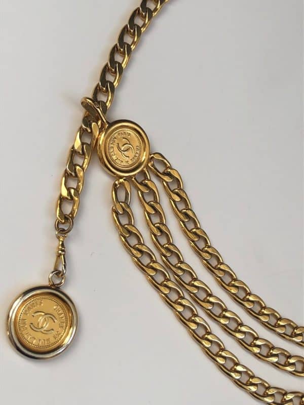 chanel vintage belt triple strand chain link medallion coin rue cambon belt c.1990s w/box