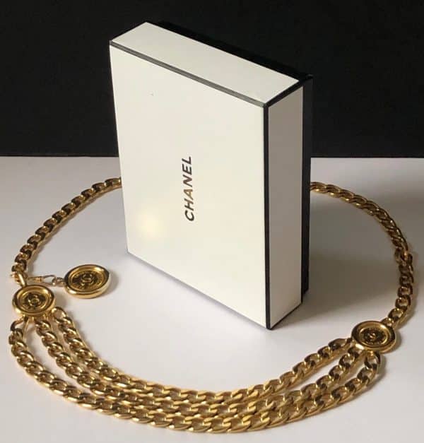 chanel vintage belt triple strand chain link medallion coin rue cambon belt c.1990s w/box