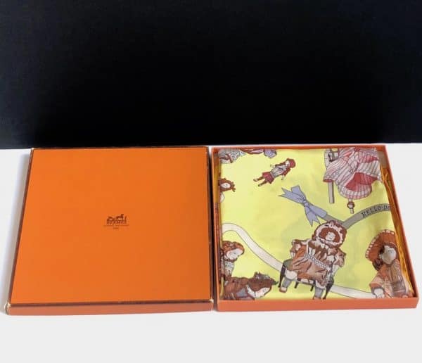 hermÈs vintage silk scarf hello dolly by loïc dubigeon c.1990 w/box