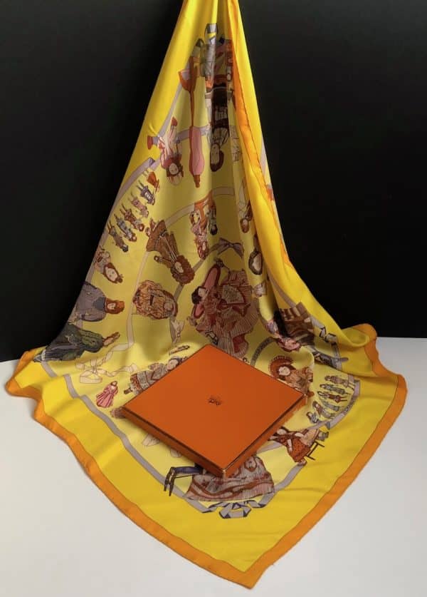 hermÈs vintage silk scarf hello dolly by loïc dubigeon c.1990 w/box