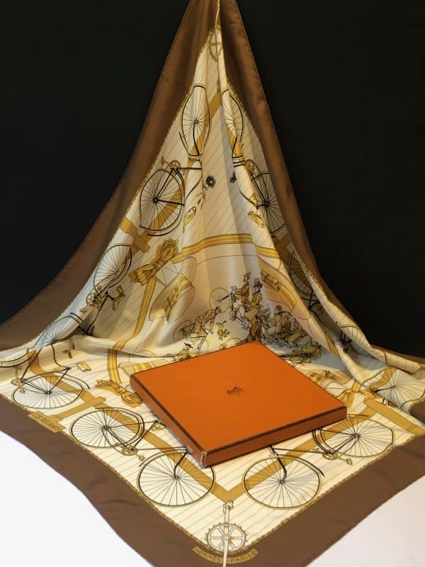 hermÈs vintage silk scarf les bécanes by hugo grygkar c.1953 w/box