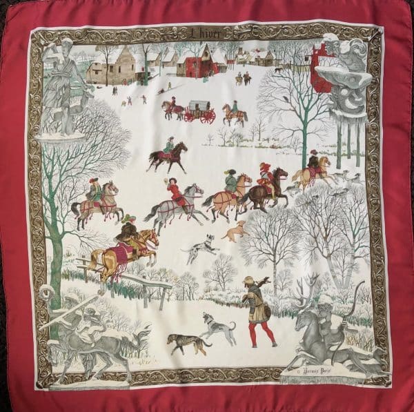 hermÈs vintage silk scarf l'hiver red multi by philippe ledoux c.1968 w/box