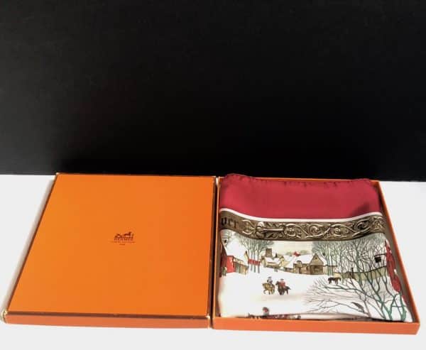 hermÈs vintage silk scarf l'hiver red multi by philippe ledoux c.1968 w/box