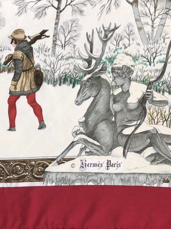 hermÈs vintage silk scarf l'hiver red multi by philippe ledoux c.1968 w/box