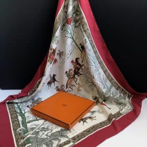 hermÈs vintage silk scarf l'hiver red multi by philippe ledoux c.1968 w/box