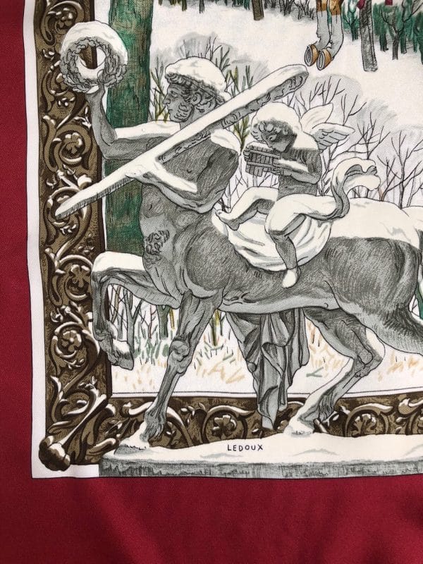 hermÈs vintage silk scarf l'hiver red multi by philippe ledoux c.1968 w/box