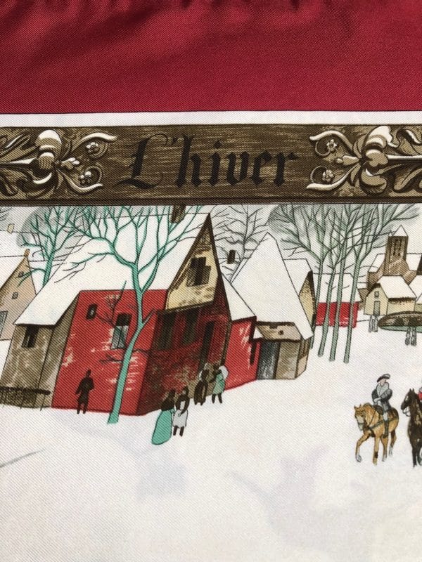 hermÈs vintage silk scarf l'hiver red multi by philippe ledoux c.1968 w/box