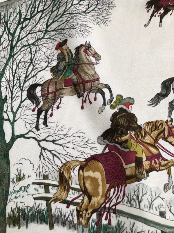 hermÈs vintage silk scarf l'hiver red multi by philippe ledoux c.1968 w/box