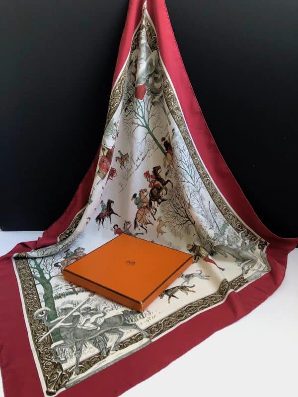 hermÈs vintage silk scarf l'hiver red multi by philippe ledoux c.1968 w/box