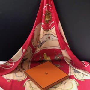 hermÈs vintage silk scarf springs red gold by philippe ledoux c.1974 w/box