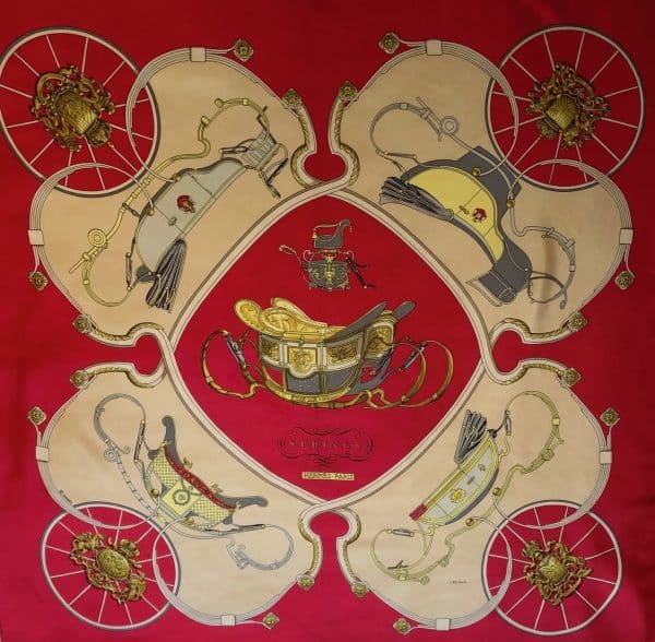 hermÈs vintage silk scarf springs red gold by philippe ledoux c.1974 w/box