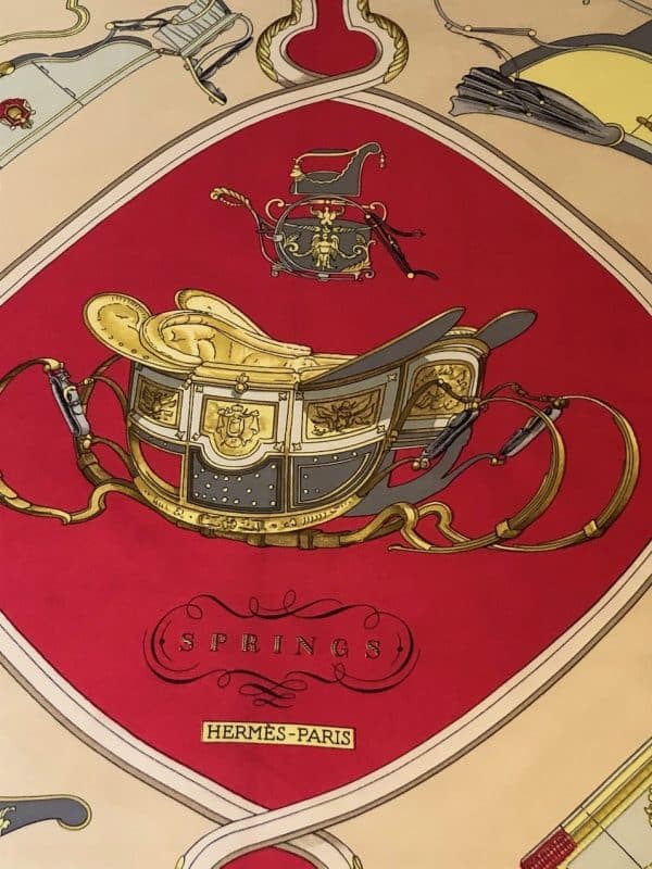 hermÈs vintage silk scarf springs red gold by philippe ledoux c.1974 w/box
