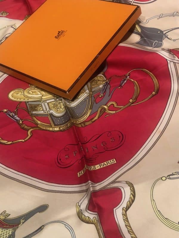 hermÈs vintage silk scarf springs red gold by philippe ledoux w/box