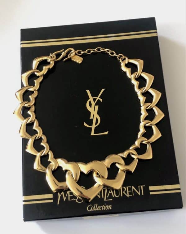 yves saint laurent ysl gold heart statement necklace c. 1980s w/box