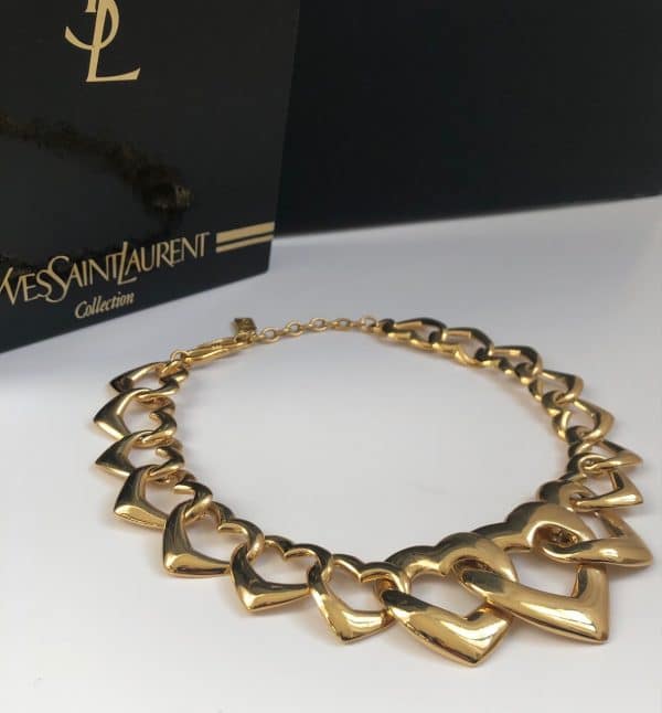 yves saint laurent ysl gold heart statement necklace c. 1980s w/box