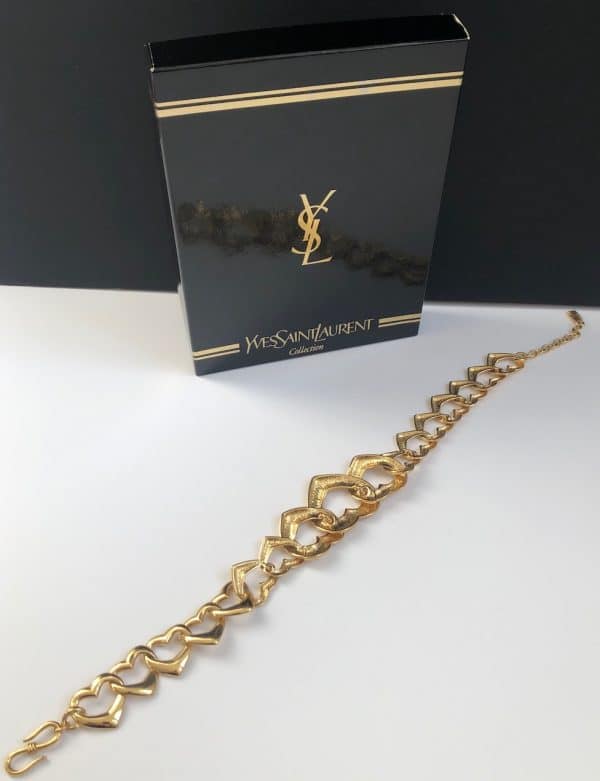 yves saint laurent ysl gold heart statement necklace c. 1980s w/box