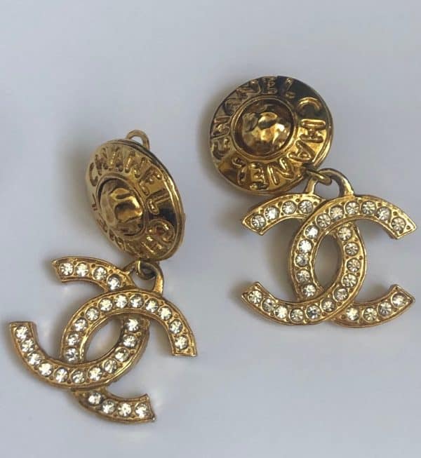 chanel vintage cc logo crystal round chanel letters long clip on earrings c.1980s w/box