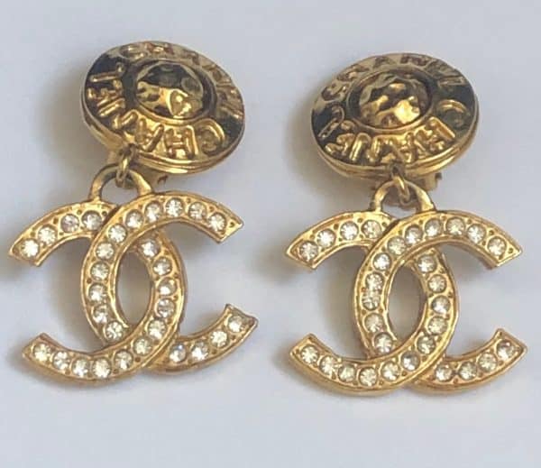 chanel vintage cc logo crystal round chanel letters long clip on earrings c.1980s w/box