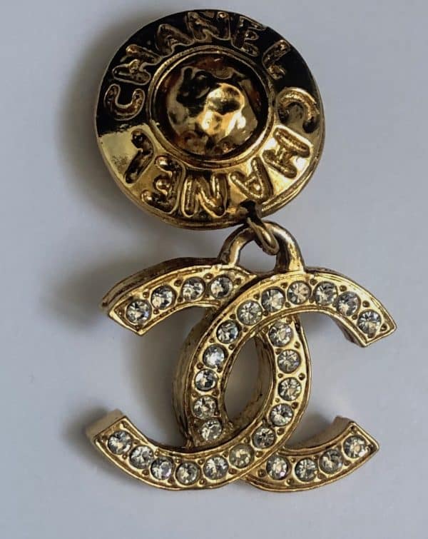 chanel vintage cc logo crystal round chanel letters long clip on earrings c.1980s w/box