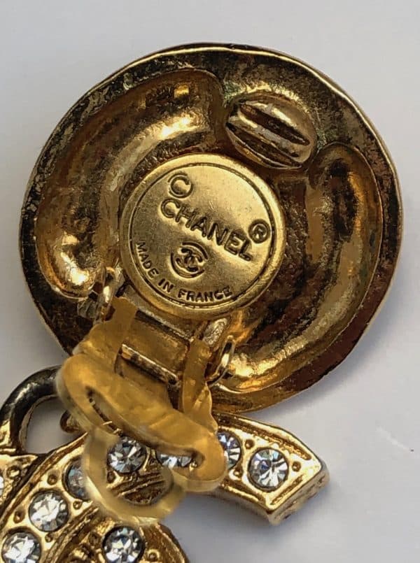 chanel vintage cc logo crystal round chanel letters long clip on earrings c.1980s w/box