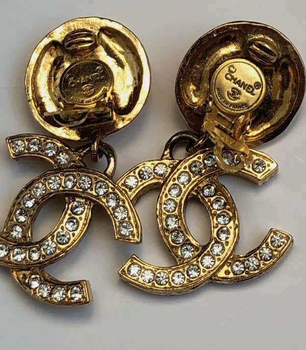 chanel vintage cc logo crystal round chanel letters long clip on earrings c.1980s w/box