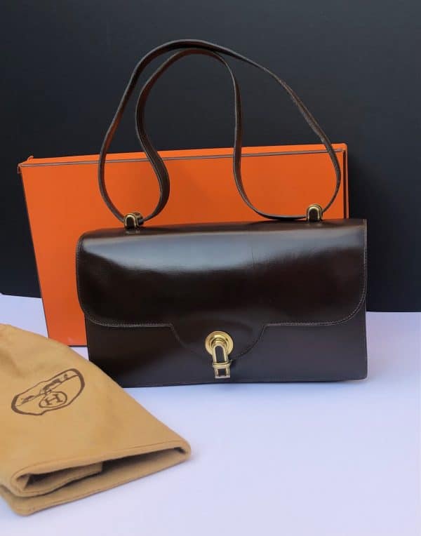 hermÈs vintage chocolate brown bag box leather 1968 constance style w/box