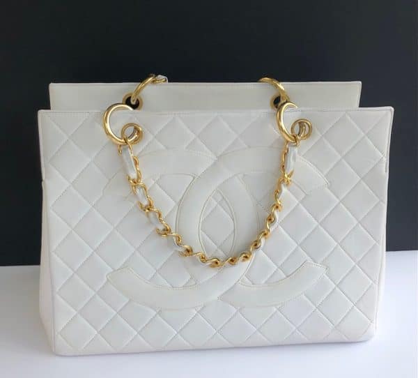 chanel 1996 gst white quilted leather top handle tote bag ghw vintage