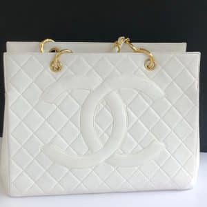 chanel 1996 gst white quilted leather top handle tote bag ghw vintage