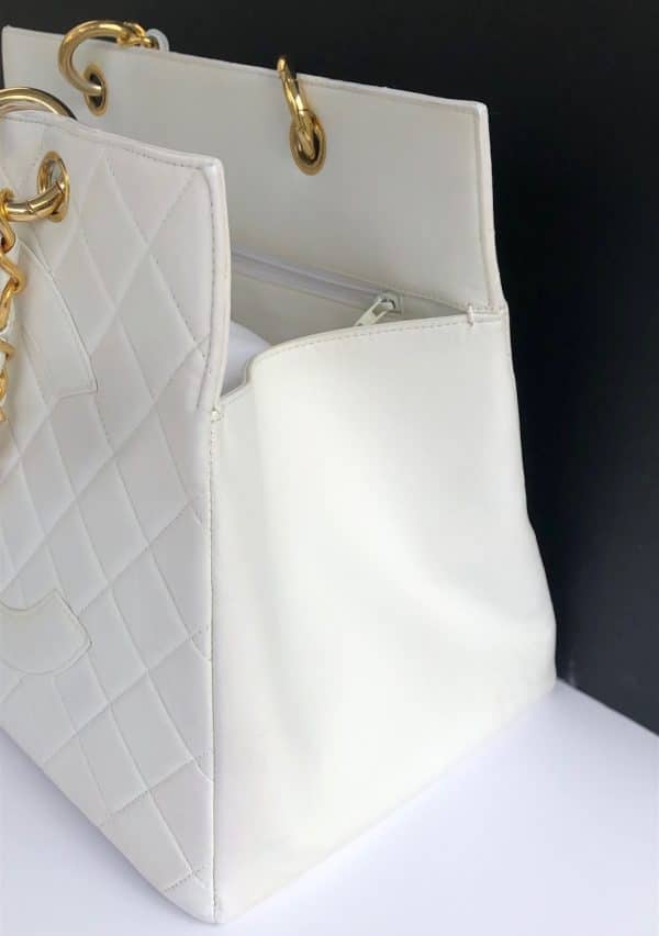 chanel 1996 gst white quilted leather top handle tote bag ghw vintage