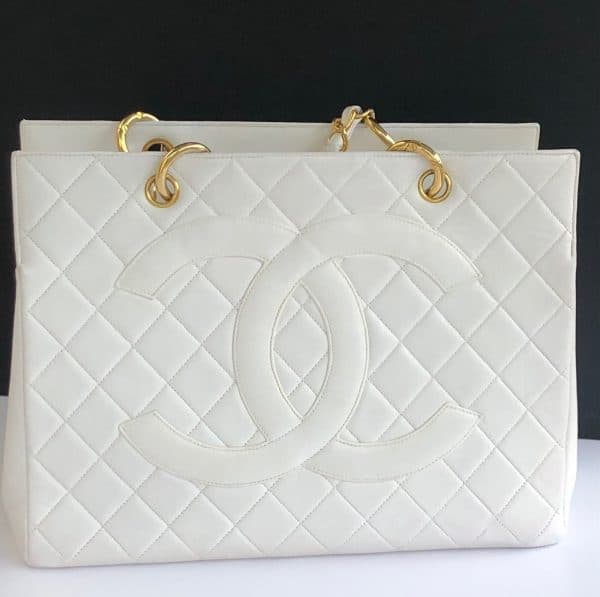 chanel 1996 gst white quilted leather top handle tote bag ghw vintage