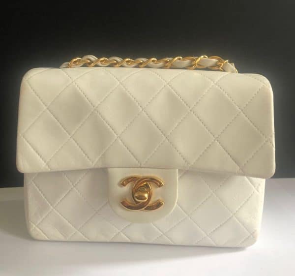 chanel 1997 white lambskin mini square quilted classic vintage flap bag w/box