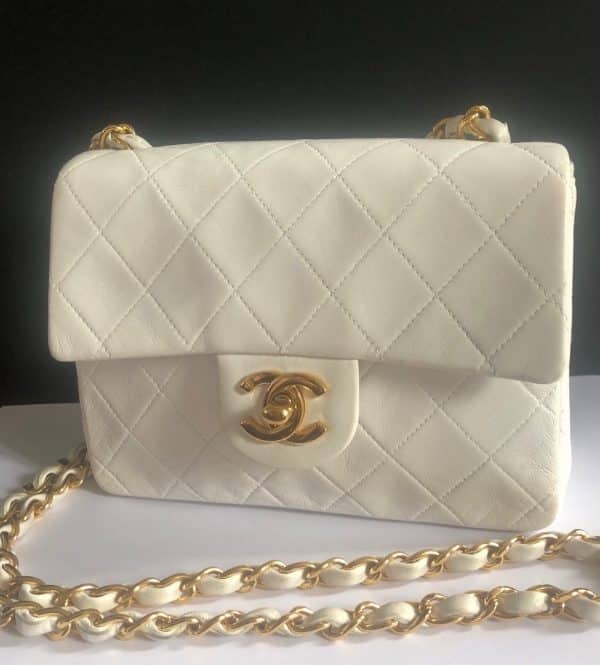 chanel 1997 white lambskin mini square quilted classic vintage flap bag w/box