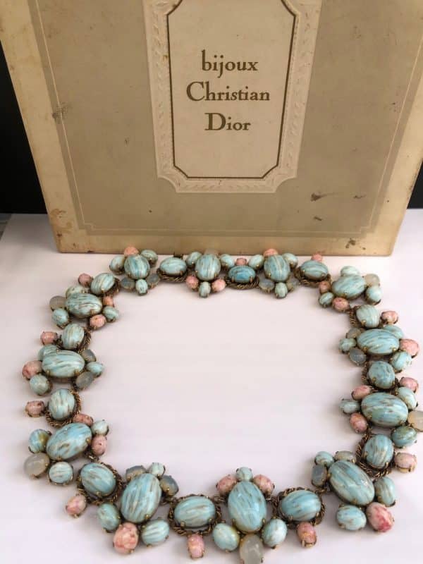 christian dior 1963 couture necklace blue pink agate cabochons vintage exceptional w/box