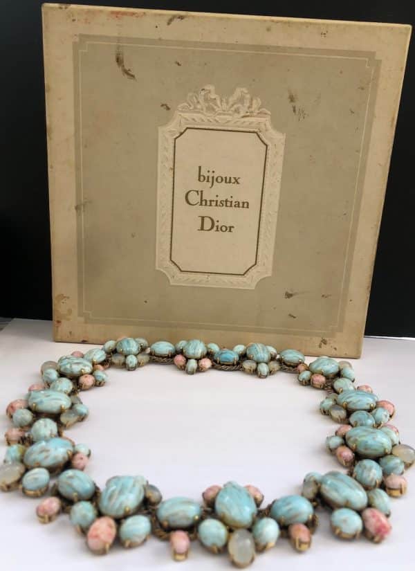 christian dior 1963 couture necklace blue pink agate cabochons vintage exceptional w/box
