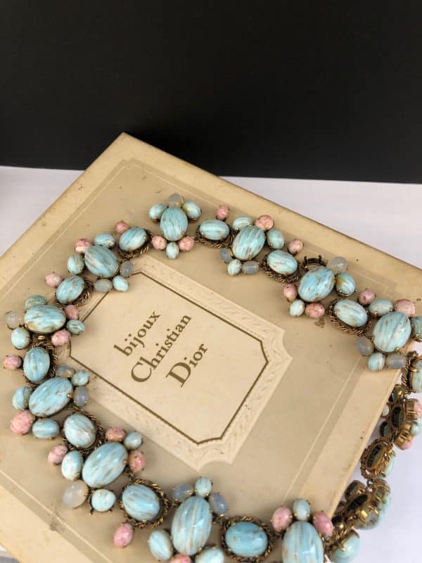 christian dior 1963 couture necklace blue pink agate cabochons vintage exceptional w/box