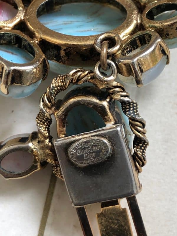 christian dior 1963 couture necklace blue pink agate cabochons vintage exceptional w/box