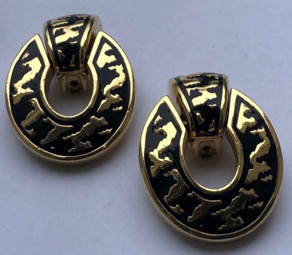 christian dior vintage oval clip on drop earrings black gold design 1980
